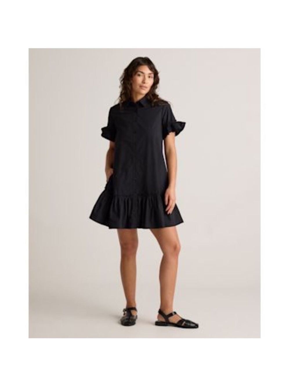 Quince 100% Organic Cotton Poplin Short Sleeve Ruffle Shirt Dress Large Black